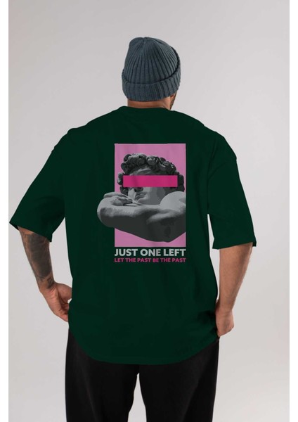 Just One Left Arka Baskılı Zümrüt Yeşili Oversize T-Shirt Unisex Erkek Kadın Bisiklet Yaka