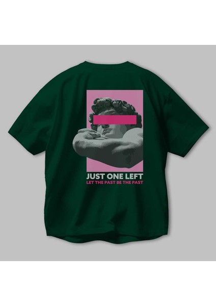Just One Left Arka Baskılı Zümrüt Yeşili Oversize T-Shirt Unisex Erkek Kadın Bisiklet Yaka modelleri