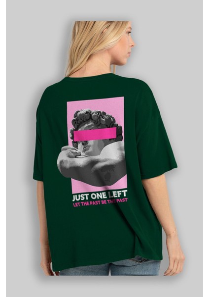 Just One Left Arka Baskılı Zümrüt Yeşili Oversize T-Shirt Unisex Erkek Kadın Bisiklet Yaka fırsatları