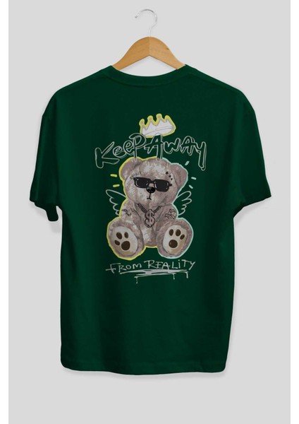 Keep Away Bear Arka Baskılı Zümrüt Yeşili Oversize T-Shirt Unisex Erkek Kadın Bisiklet Yaka fiyatları