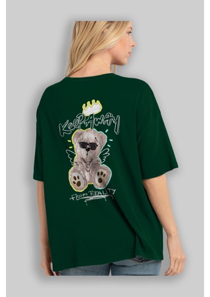 Keep Away Bear Arka Baskılı Zümrüt Yeşili Oversize T-Shirt Unisex Erkek Kadın Bisiklet Yaka fırsatları