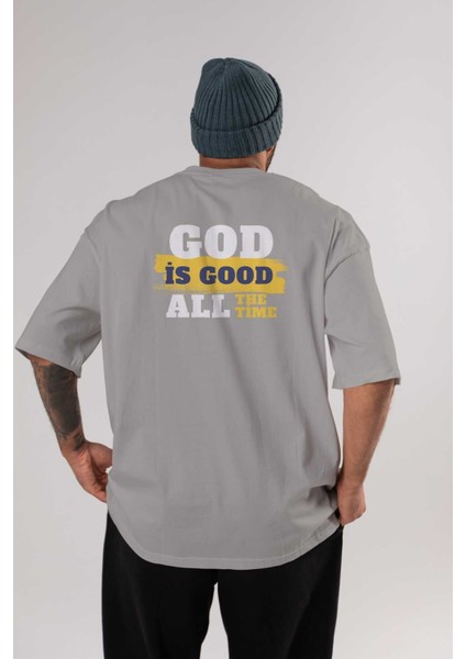 God Is Good Yazılı Arka Baskılı Gri Oversize T-Shirt Unisex Erkek Kadın Bisiklet Yaka