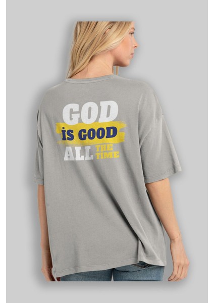 God Is Good Yazılı Arka Baskılı Gri Oversize T-Shirt Unisex Erkek Kadın Bisiklet Yaka modelleri