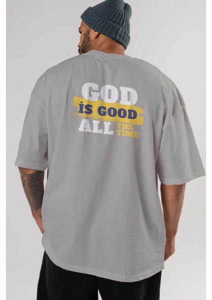 God Is Good Yazılı Arka Baskılı Gri Oversize T-Shirt Unisex Erkek Kadın Bisiklet Yaka indirimleri