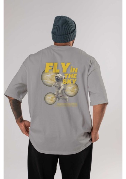 Fly In The Sky Arka Baskılı Gri Oversize T-Shirt Unisex Erkek Kadın Bisiklet Yaka