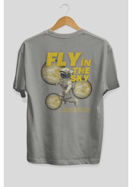 Fly In The Sky Arka Baskılı Gri Oversize T-Shirt Unisex Erkek Kadın Bisiklet Yaka fiyatları