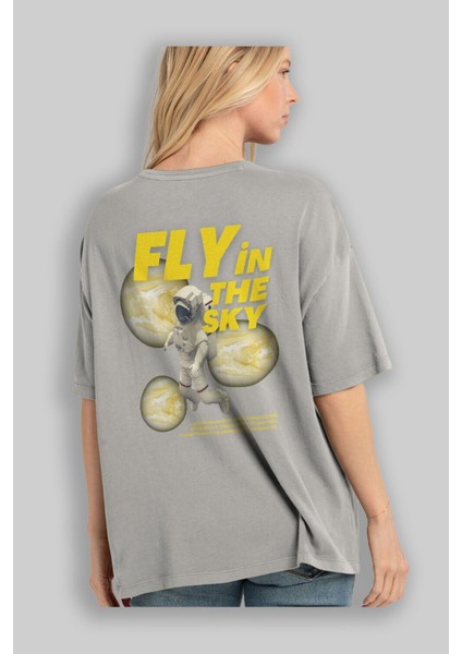 Fly In The Sky Arka Baskılı Gri Oversize T-Shirt Unisex Erkek Kadın Bisiklet Yaka modelleri