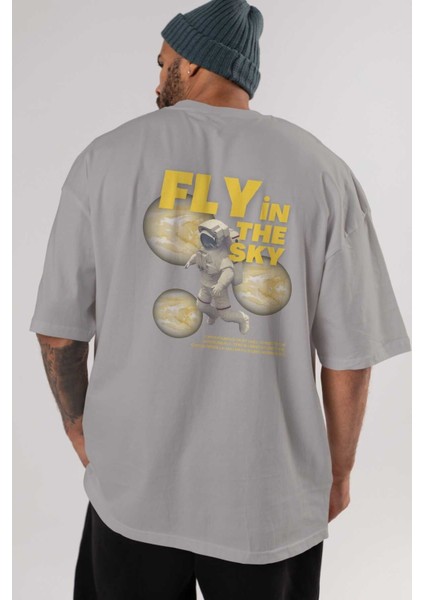 Fly In The Sky Arka Baskılı Gri Oversize T-Shirt Unisex Erkek Kadın Bisiklet Yaka indirimleri
