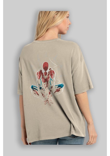 Spiderman (15) Arka Baskılı Bej Oversize T-Shirt Bisiklet Yaka Pamuk Erkek Kadın modelleri