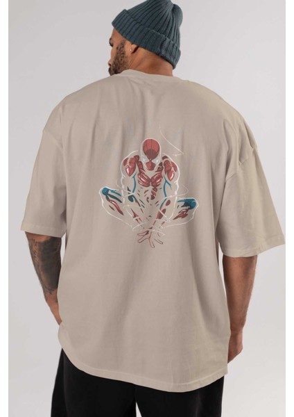 Spiderman (15) Arka Baskılı Bej Oversize T-Shirt Bisiklet Yaka Pamuk Erkek Kadın indirimleri