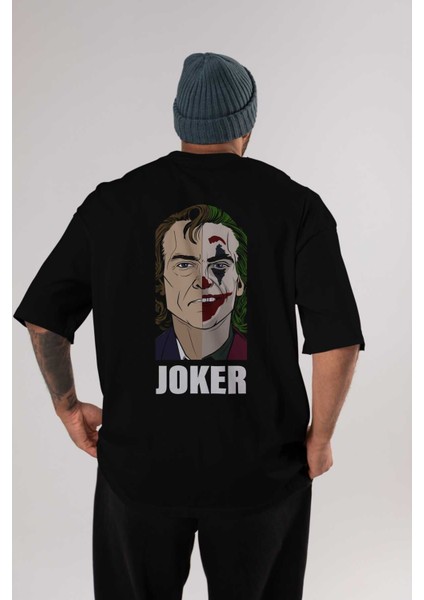 Joker (8) Arka Baskılı Siyah Oversize T-Shirt Bisiklet Yaka Pamuk Erkek Kadın