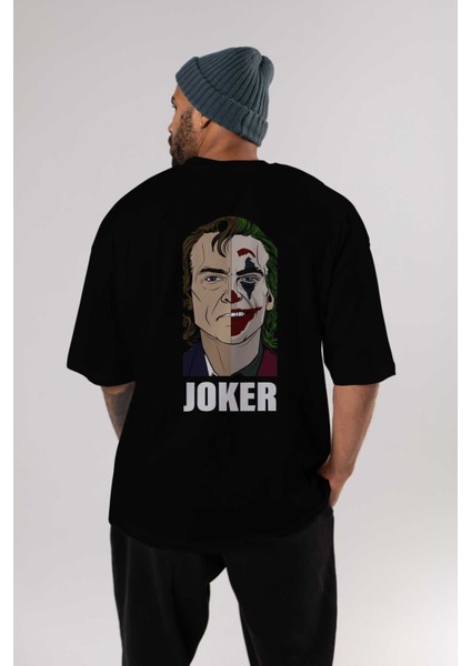 Joker (8) Arka Baskılı Siyah Oversize T-Shirt Bisiklet Yaka Pamuk Erkek Kadın indirimleri