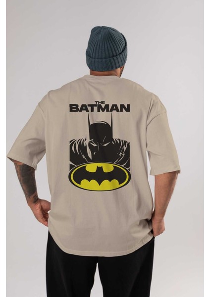 Batman (21) Arka Baskılı Bej Oversize T-Shirt Bisiklet Yaka Pamuk Erkek Kadın