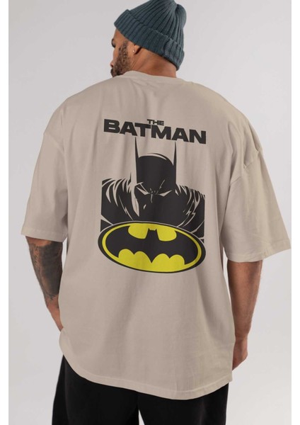 Batman (21) Arka Baskılı Bej Oversize T-Shirt Bisiklet Yaka Pamuk Erkek Kadın indirimleri