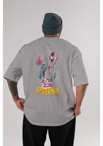 Spiderman (25) Arka Baskılı Gri Oversize T-Shirt Bisiklet Yaka Pamuk Erkek Kadın