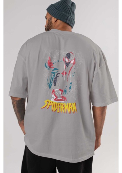 Spiderman (25) Arka Baskılı Gri Oversize T-Shirt Bisiklet Yaka Pamuk Erkek Kadın indirimleri