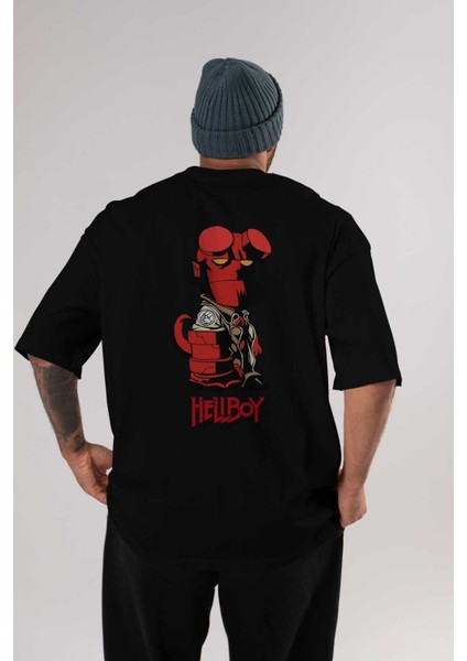 Hellboy (1) Arka Baskılı Siyah Oversize T-Shirt Bisiklet Yaka Pamuk Erkek Kadın