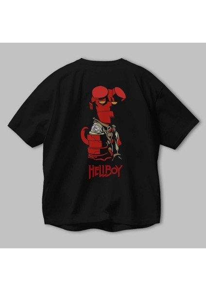 Hellboy (1) Arka Baskılı Siyah Oversize T-Shirt Bisiklet Yaka Pamuk Erkek Kadın modelleri
