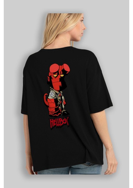 Hellboy (1) Arka Baskılı Siyah Oversize T-Shirt Bisiklet Yaka Pamuk Erkek Kadın fırsatları