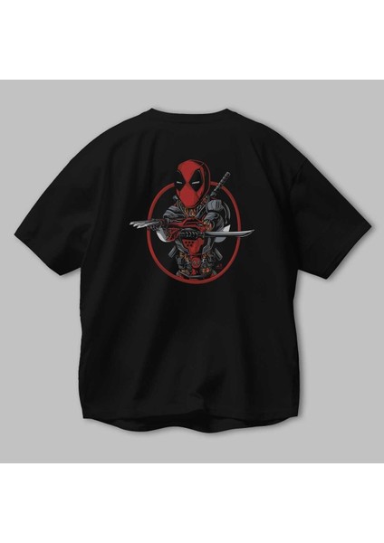 Deadpool (5) Arka Baskılı Siyah Oversize T-Shirt Bisiklet Yaka Pamuk Erkek Kadın modelleri