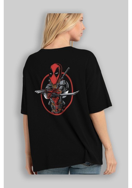 Deadpool (5) Arka Baskılı Siyah Oversize T-Shirt Bisiklet Yaka Pamuk Erkek Kadın fırsatları