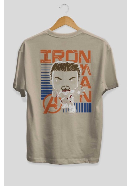 Iron Man (4) Arka Baskılı Bej Oversize T-Shirt Bisiklet Yaka Pamuk Erkek Kadın