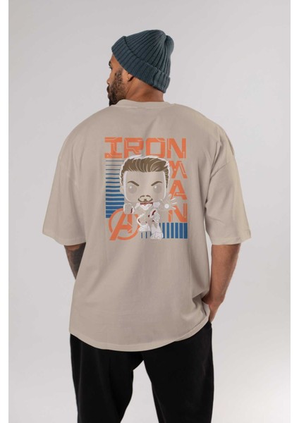 Iron Man (4) Arka Baskılı Bej Oversize T-Shirt Bisiklet Yaka Pamuk Erkek Kadın