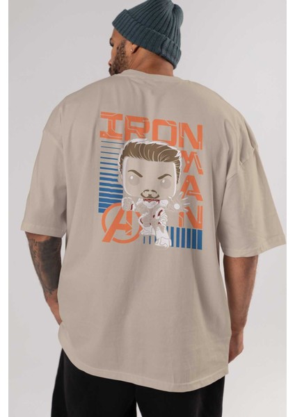 Iron Man (4) Arka Baskılı Bej Oversize T-Shirt Bisiklet Yaka Pamuk Erkek Kadın