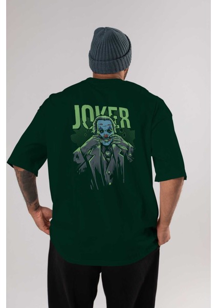 Joker (9) Arka Baskılı Zümrüt Yeşili Oversize T-Shirt Bisiklet Yaka Erkek Kadın