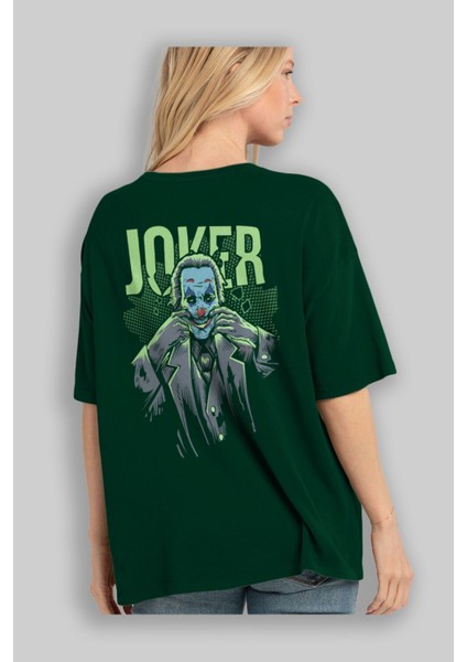 Joker (9) Arka Baskılı Zümrüt Yeşili Oversize T-Shirt Bisiklet Yaka Erkek Kadın fırsatları