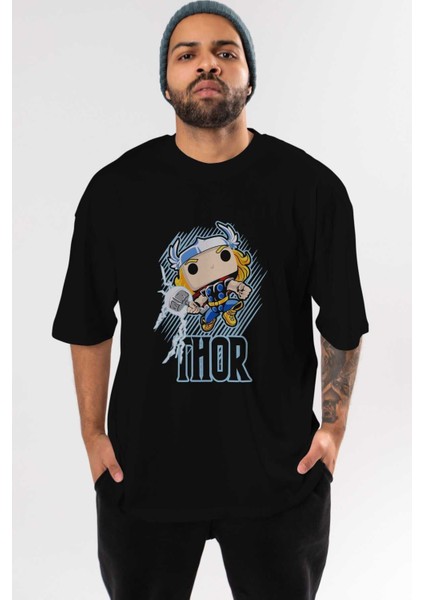 Thor (2) Ön Baskılı Siyah Oversize T-Shirt Bisiklet Yaka Erkek Kadın