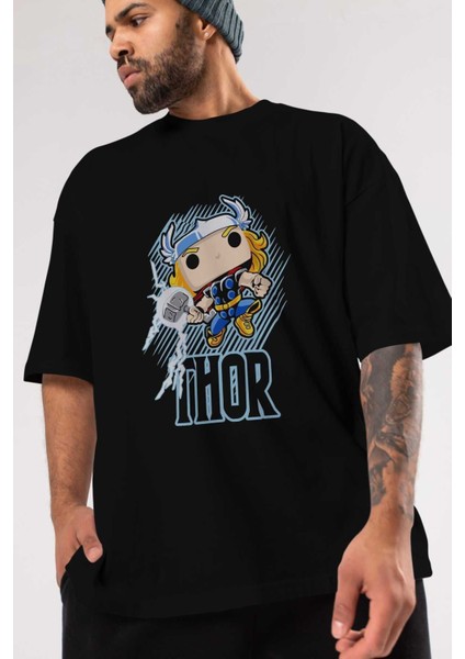 Thor (2) Ön Baskılı Siyah Oversize T-Shirt Bisiklet Yaka Erkek Kadın modelleri