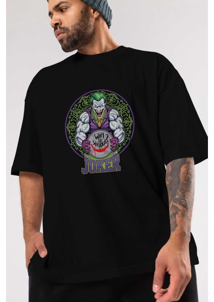 Joker Gym Ön Baskılı Siyah Oversize T-Shirt Bisiklet Yaka Erkek Kadın modelleri