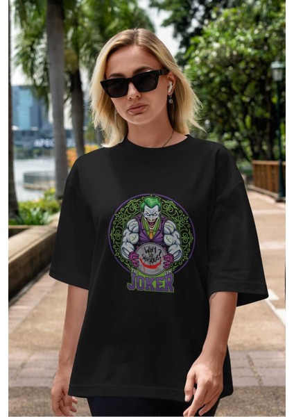Joker Gym Ön Baskılı Siyah Oversize T-Shirt Bisiklet Yaka Erkek Kadın indirimleri