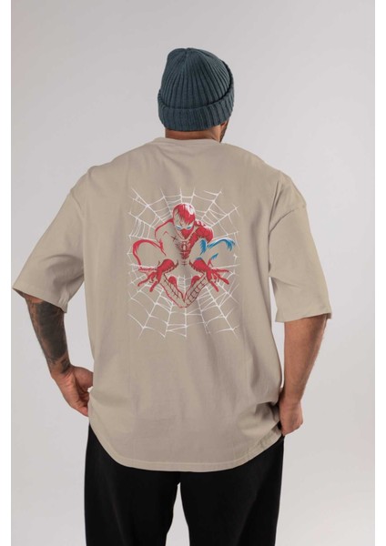 Spiderman (27) Arka Baskılı Bej Oversize T-Shirt Bisiklet Yaka Pamuk Erkek Kadın