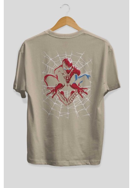 Spiderman (27) Arka Baskılı Bej Oversize T-Shirt Bisiklet Yaka Pamuk Erkek Kadın fiyatları
