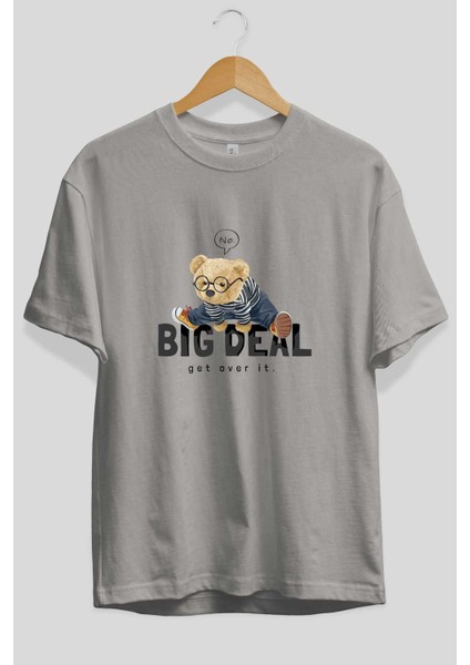 Teddy Bear Big Deal Ön Baskılı Gri Oversize T-Shirt Unisex Erkek Kadın Bisiklet Yaka fiyatları