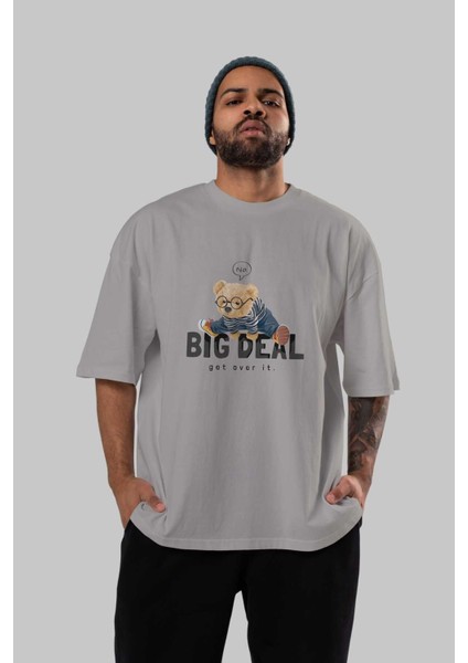 Teddy Bear Big Deal Ön Baskılı Gri Oversize T-Shirt Unisex Erkek Kadın Bisiklet Yaka indirimleri