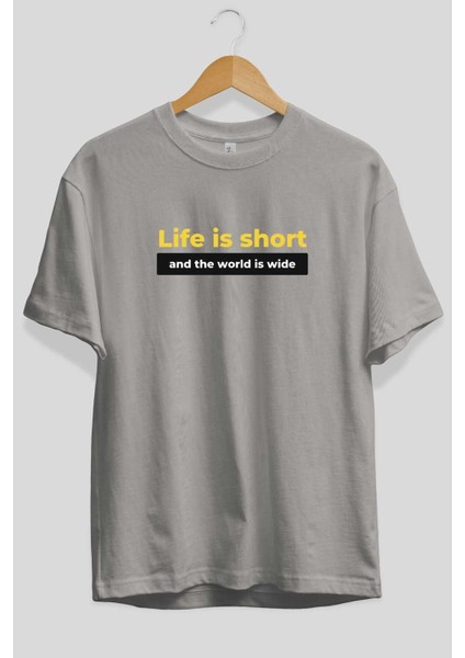 Life Is Short Yazılı Ön Baskılı Gri Oversize T-Shirt Unisex Erkek Kadın Bisiklet Yaka fiyatları