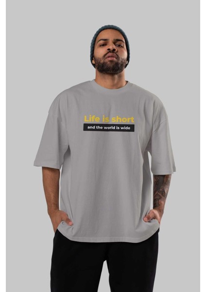 Life Is Short Yazılı Ön Baskılı Gri Oversize T-Shirt Unisex Erkek Kadın Bisiklet Yaka indirimleri