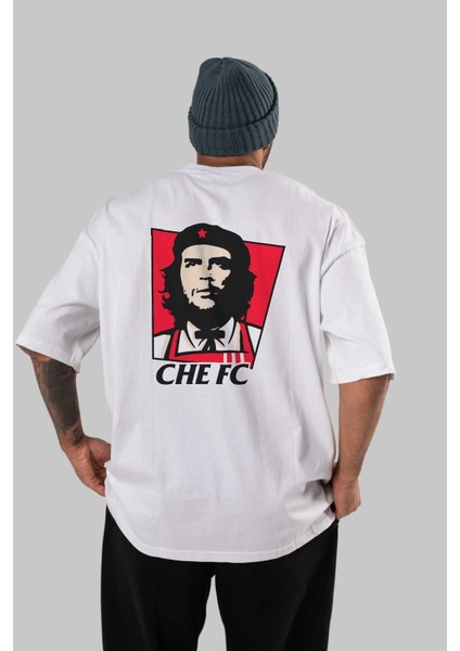 Che Fc Arka Baskılı Beyaz Oversize T-Shirt Bisiklet Yaka Pamuk Erkek Kadın