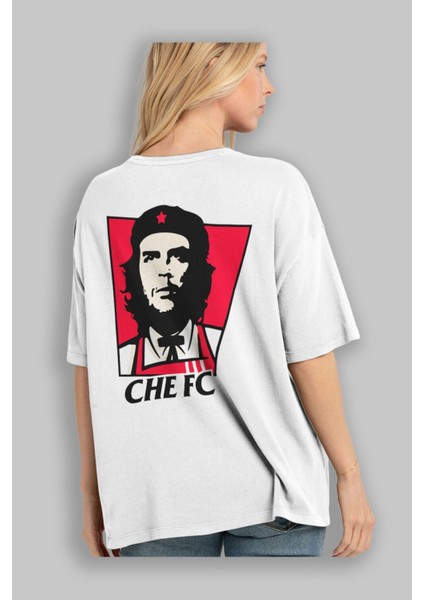 Che Fc Arka Baskılı Beyaz Oversize T-Shirt Bisiklet Yaka Pamuk Erkek Kadın modelleri