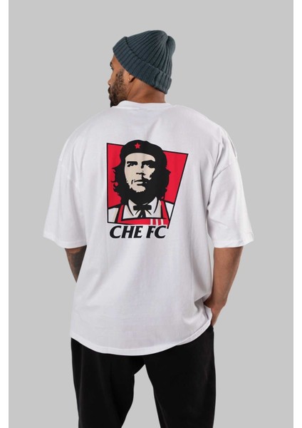 Che Fc Arka Baskılı Beyaz Oversize T-Shirt Bisiklet Yaka Pamuk Erkek Kadın fırsatları