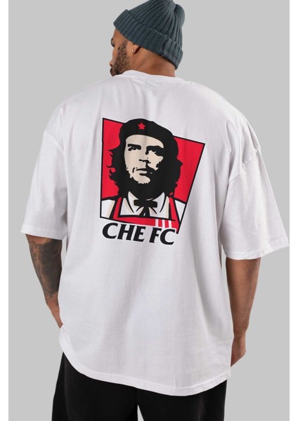 Che Fc Arka Baskılı Beyaz Oversize T-Shirt Bisiklet Yaka Pamuk Erkek Kadın indirimleri