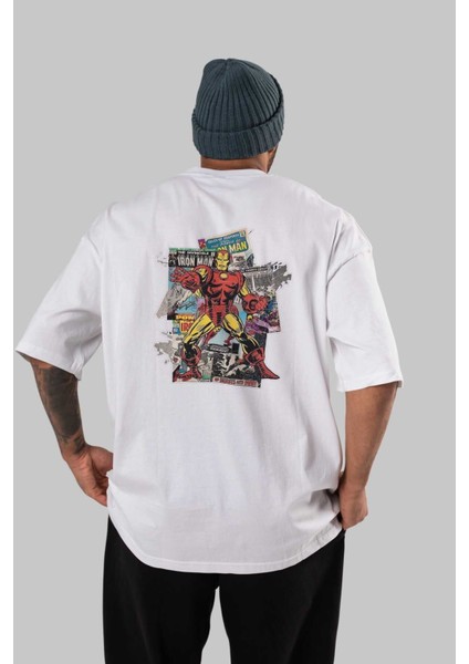 Iron Man (6) Arka Baskılı Beyaz Oversize T-Shirt Bisiklet Yaka Pamuk Erkek Kadın