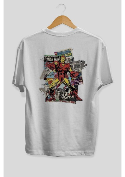 Iron Man (6) Arka Baskılı Beyaz Oversize T-Shirt Bisiklet Yaka Pamuk Erkek Kadın