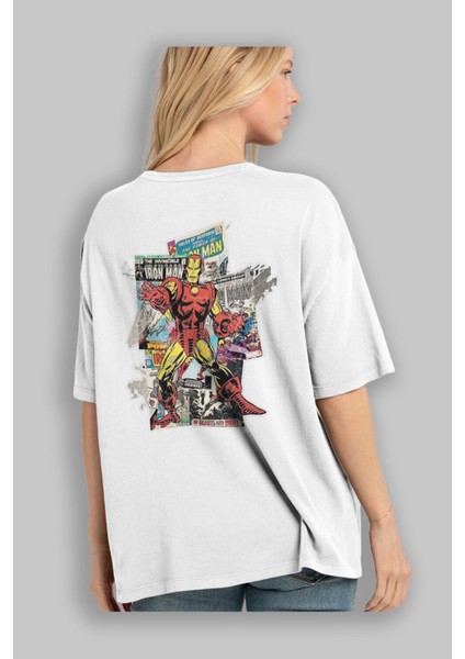 Iron Man (6) Arka Baskılı Beyaz Oversize T-Shirt Bisiklet Yaka Pamuk Erkek Kadın