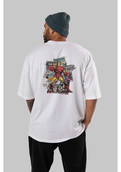 Iron Man (6) Arka Baskılı Beyaz Oversize T-Shirt Bisiklet Yaka Pamuk Erkek Kadın