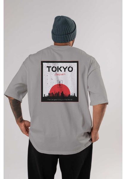 Tokyo Japan Yazılı Arka Baskılı Gri Oversize T-Shirt Unisex Erkek Kadın Bisiklet Yaka