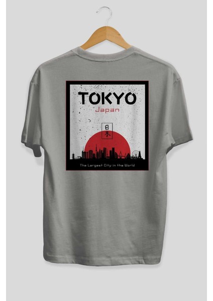 Tokyo Japan Yazılı Arka Baskılı Gri Oversize T-Shirt Unisex Erkek Kadın Bisiklet Yaka fiyatları